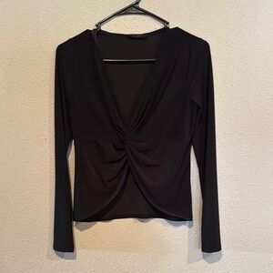 Black Ruched Wrap Long Sleeve Blouse